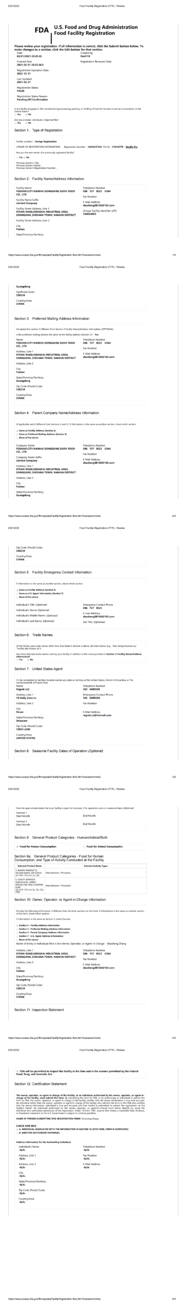 FDA Registration Certificate