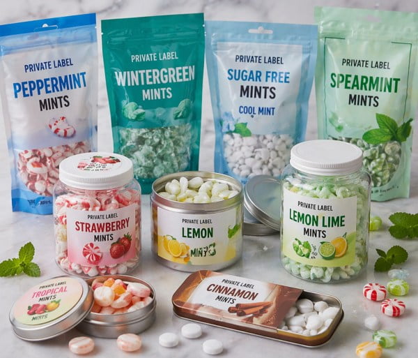 Choosing Private Label Mint Flavors A variety of private label mint candies in different flavors and packaging