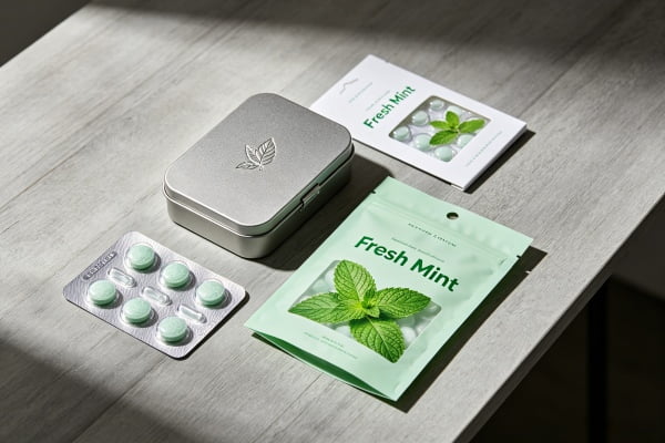 Aligning Mint Flavor with Packaging and Price Different mint packaging: a premium tin, a flow wrap, and a blister pack