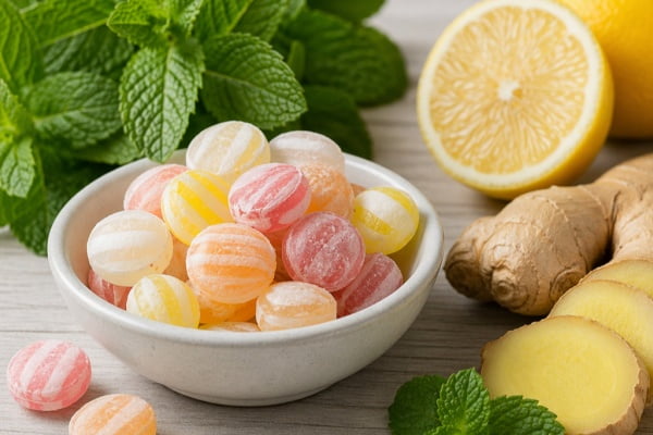 Fruit-Mint and Herbal-Mint Combinations Mint candies with hints of lemon, berry, and ginger